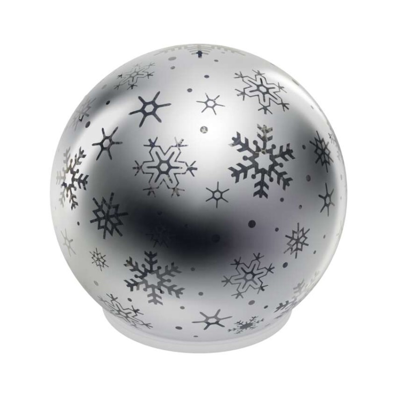 LED karácsonyi üveggömb – hópelyhek, 12 cm, 3x AA, beltéri, meleg fehér, időzítő