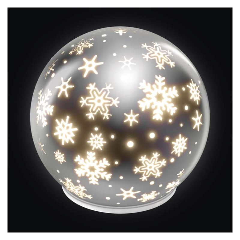 LED karácsonyi üveggömb – hópelyhek, 12 cm, 3x AA, beltéri, meleg fehér, időzítő