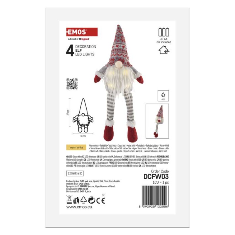 LED vianočný škriatok sediaci, 27 cm, 3× AA, vnút., teplá biela