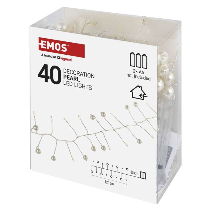 LED girlanda - biseri, 1,2 m, 3x AA, notranja, toplo bela, časovnik