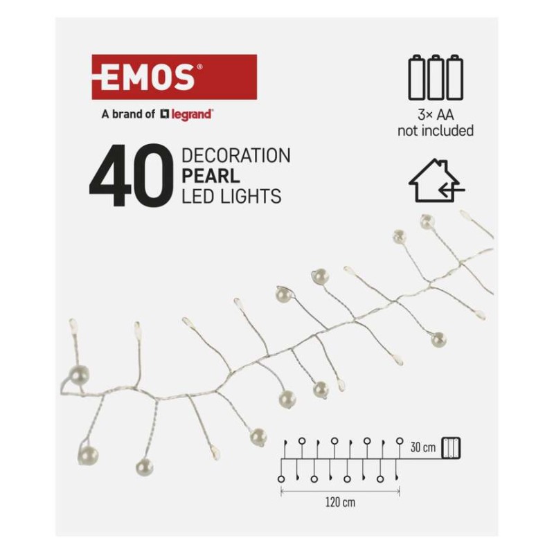 LED girlanda - biseri, 1,2 m, 3x AA, notranja, toplo bela, časovnik