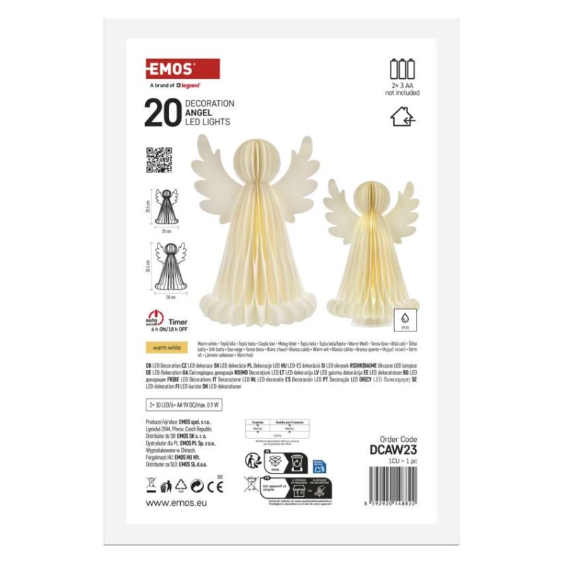 Dekoracje - anioły papierowe 2x 10 LED, 2 szt., 28/38 cm, ciepła biel, IP20, timer