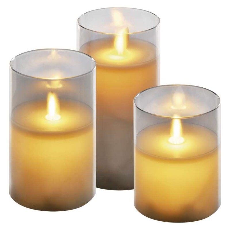 Dekoracje - świece woskowe w szkle, 100 LED, 3 szt, 6x AA, ciepła biel, IP20, timer