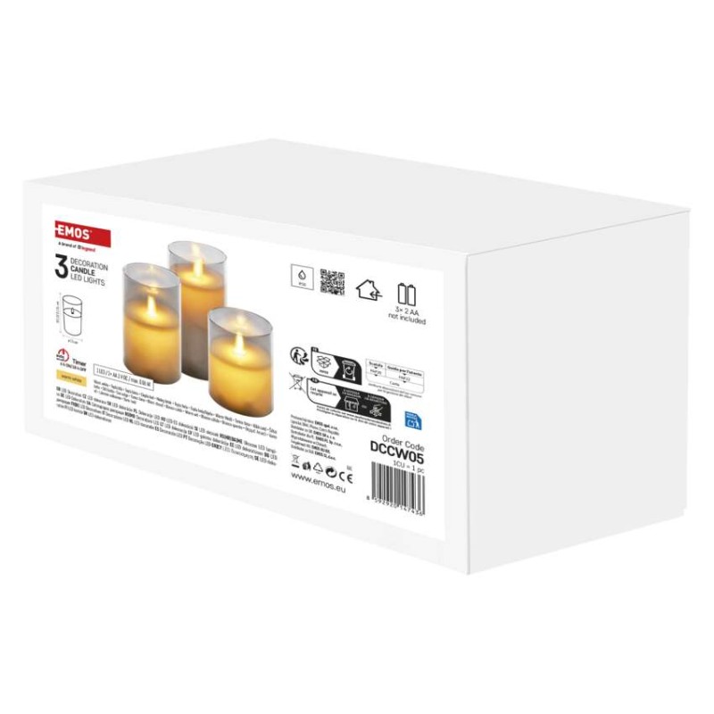 Dekoracje - świece woskowe w szkle, 100 LED, 3 szt, 6x AA, ciepła biel, IP20, timer