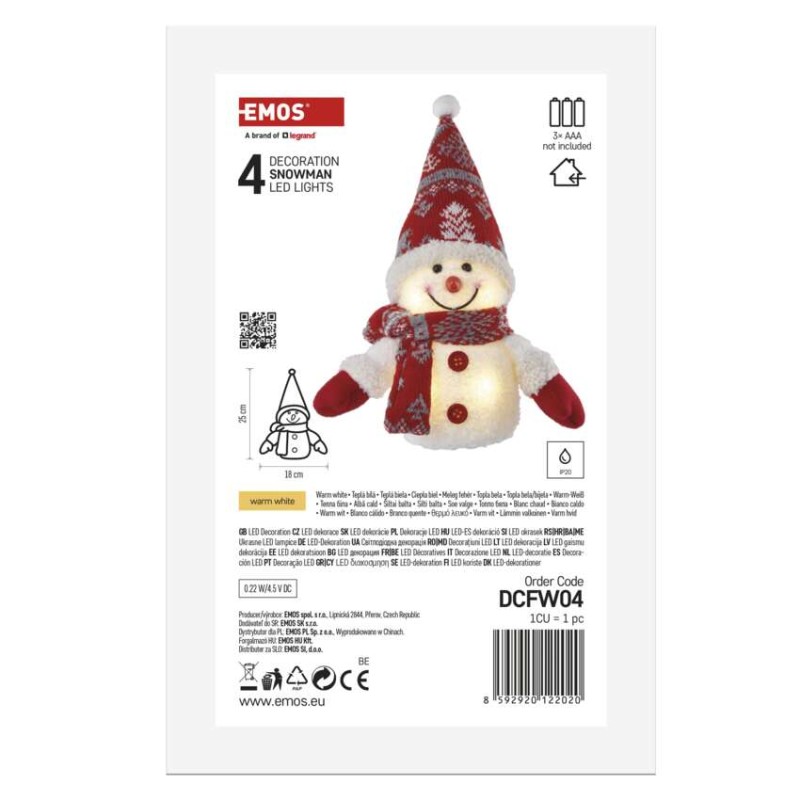 LED świecący bałwanek świąteczny, 25 cm, 3x AAA, ciepła biel, IP20