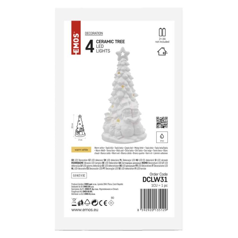 Keramický LED stromček so snehuliakmi, 33,5 cm, 2x AA, vnútorný, teplá biela