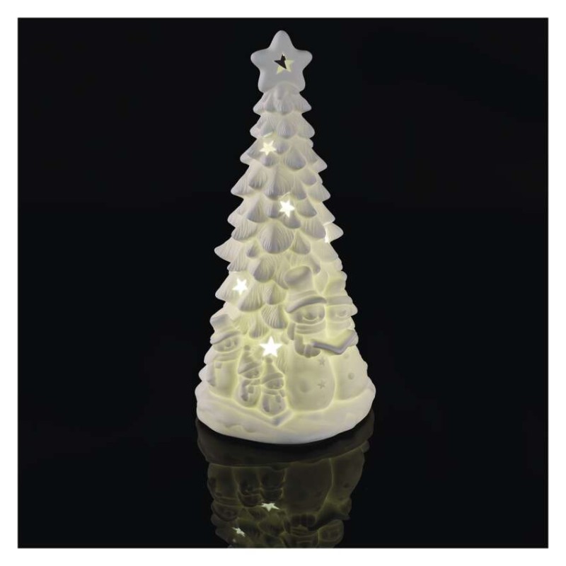 Keramický LED stromček so snehuliakmi, 33,5 cm, 2x AA, vnútorný, teplá biela