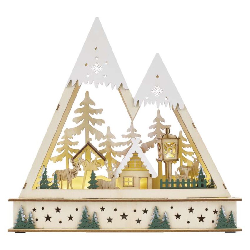 LED Weihnachtslandschaft aus Holz, 23,5 cm, 2x AA, Innen, warmweiss, Timer