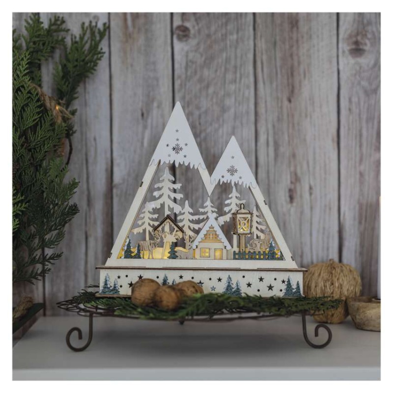 LED Weihnachtslandschaft aus Holz, 23,5 cm, 2x AA, Innen, warmweiss, Timer