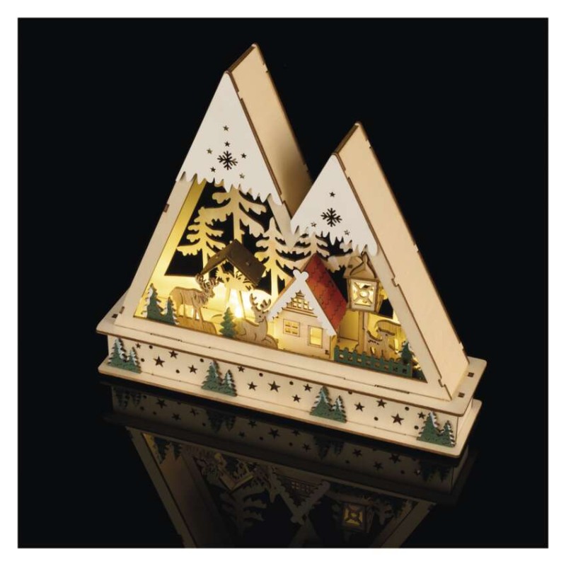 LED Weihnachtslandschaft aus Holz, 23,5 cm, 2x AA, Innen, warmweiss, Timer