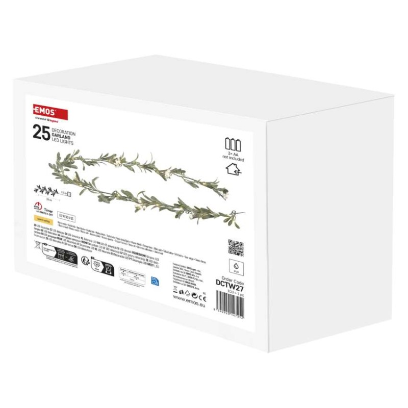 Dekoracje - girlanda jemioła 25 LED, 1,5 m, 3xAA, ciepła biel, IP20, timer