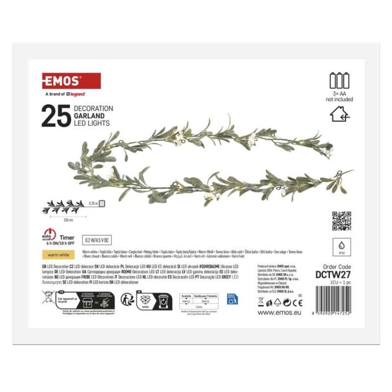 Dekoracje - girlanda jemioła 25 LED, 1,5 m, 3xAA, ciepła biel, IP20, timer
