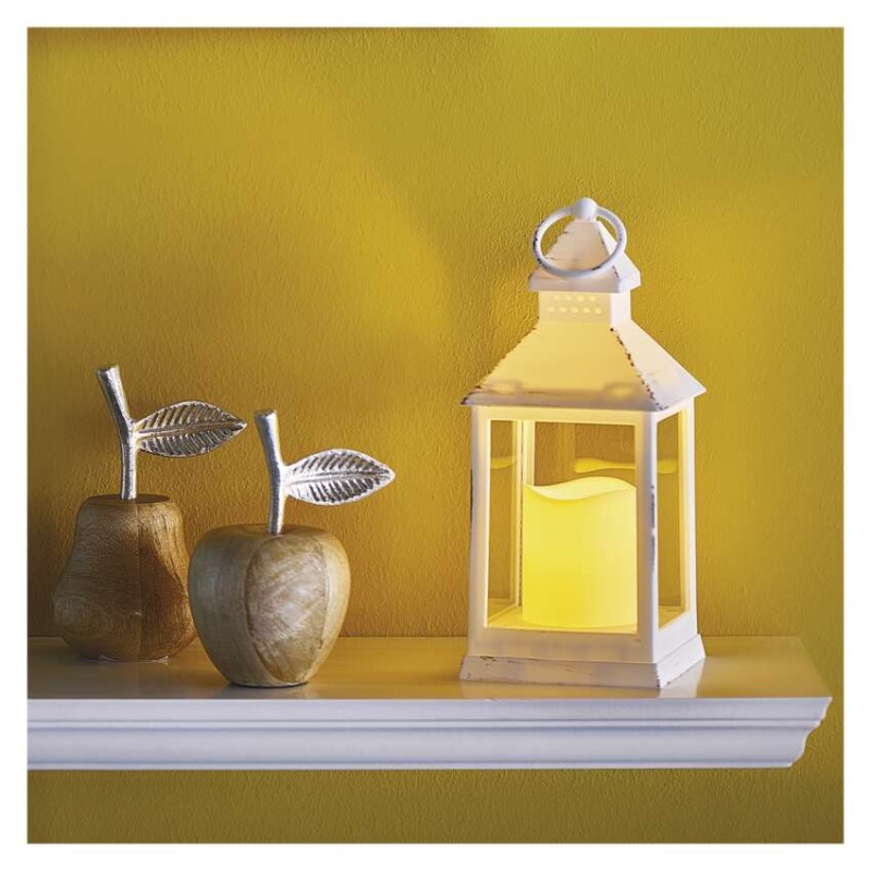 LED dekorácia – lampáš antik biela blikajúca, 3x AAA, vnútorný, vintage, časovač