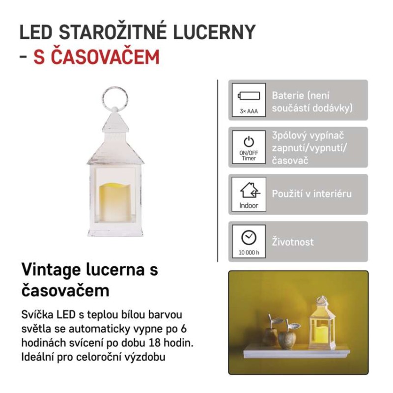 LED dekorace – lucerna antik bílá blikající, 3x AAA, vnitřní, vintage, časovač