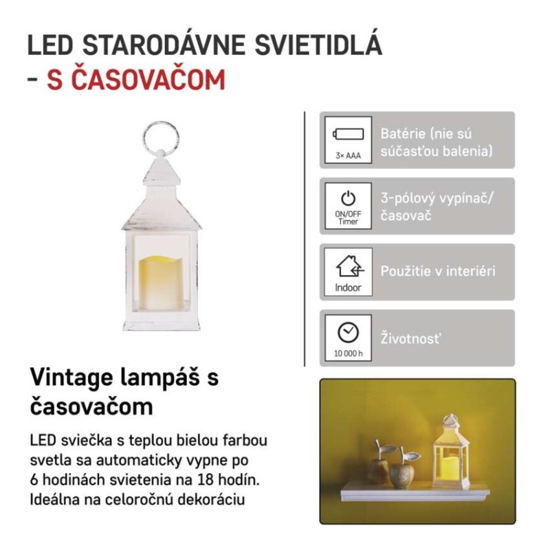 LED dekorácia – lampáš antik biela blikajúca, 3x AAA, vnútorný, vintage, časovač