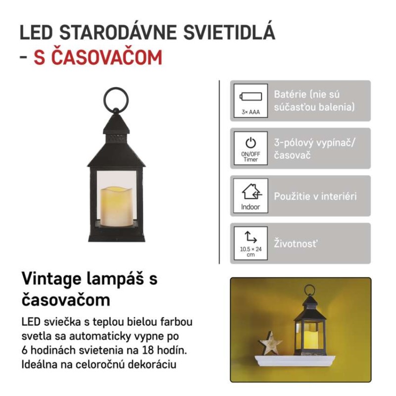 LED dekorácia – lampáš antik čierna blikajúca, 3x AAA, vnútorný, vintage, časovač