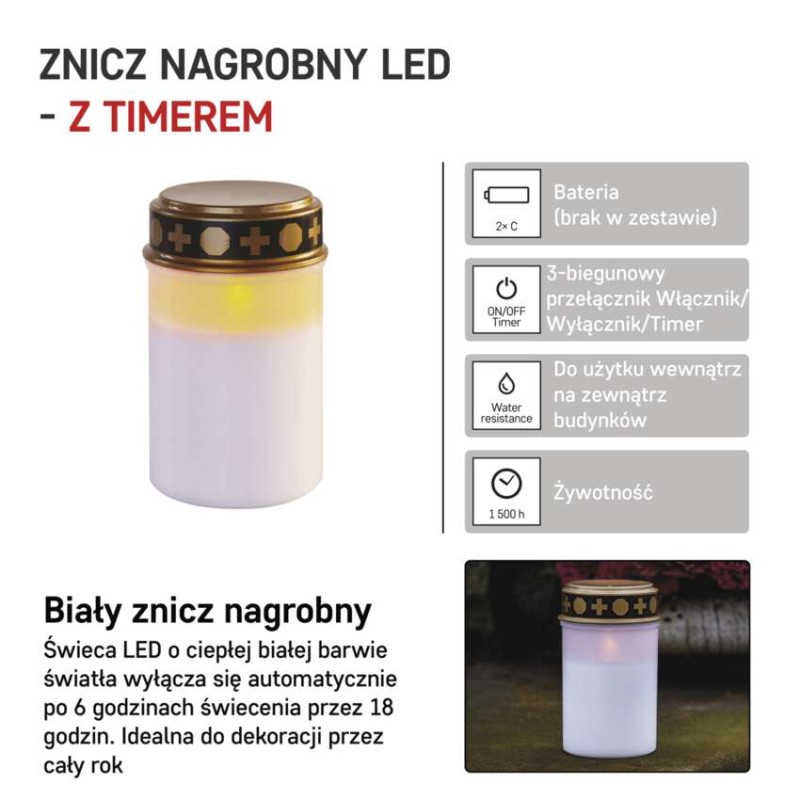 Świeczka cmentarna LED, biała, 2x C, IP44, timer