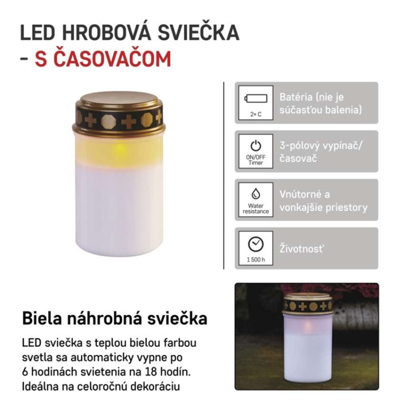 LED náhrobná sviečka, 12,5 cm, 2x C, vonkajšia aj vnútorná, vintage, časovač