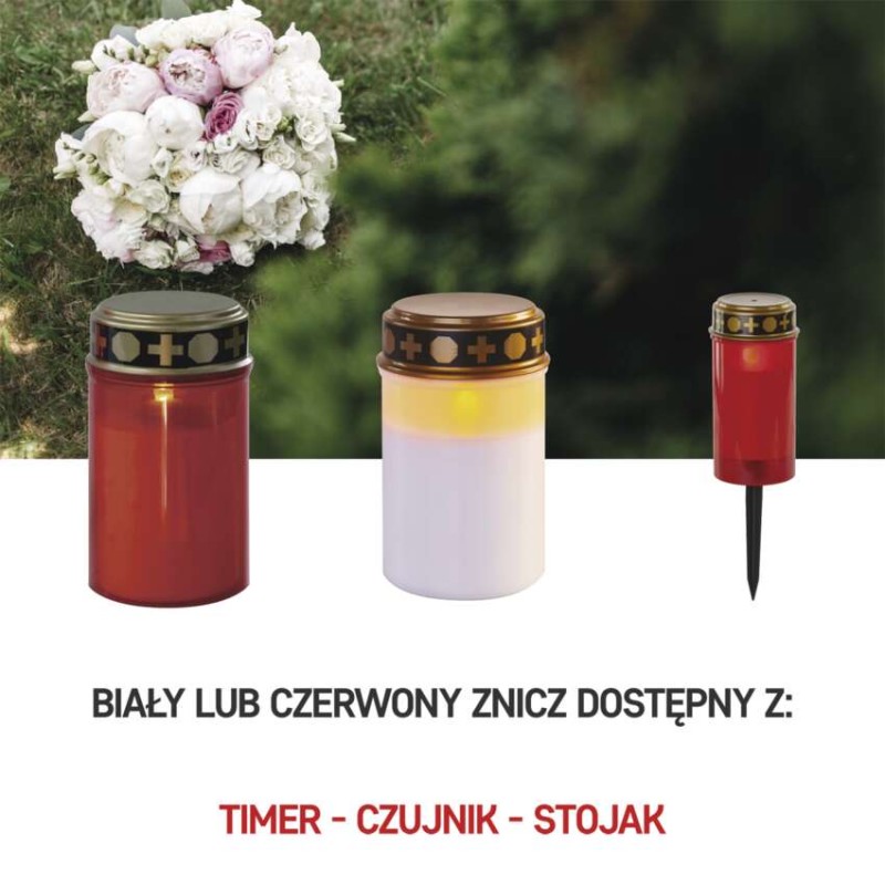 Świeczka cmentarna LED, biała, 2x C, IP44, timer