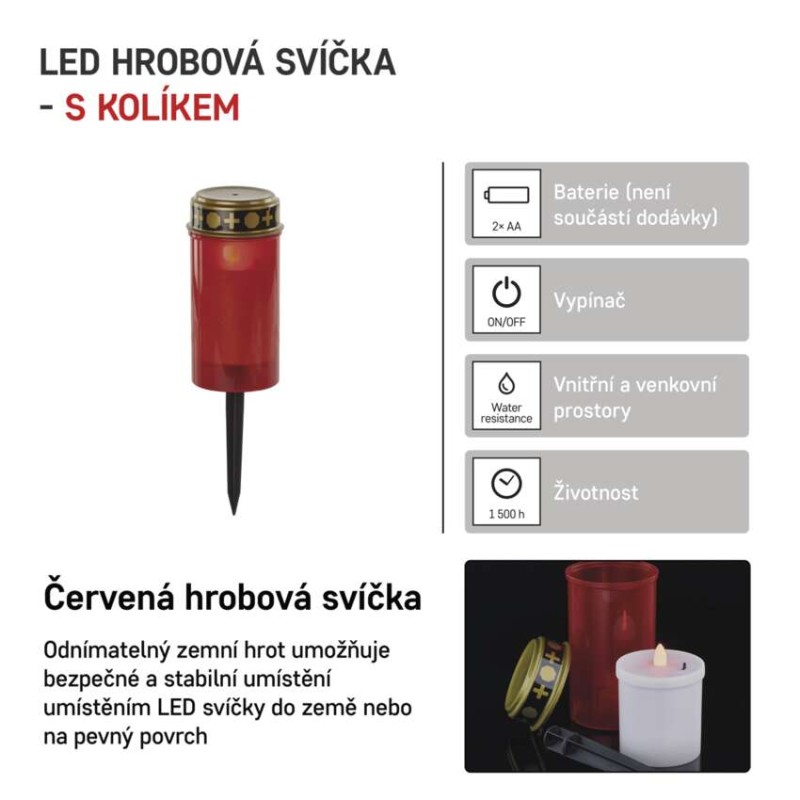 LED hřbitovní svíčka zapichovací, červená, 25 cm, 2x AA, venkovní i vnitřní, vintage