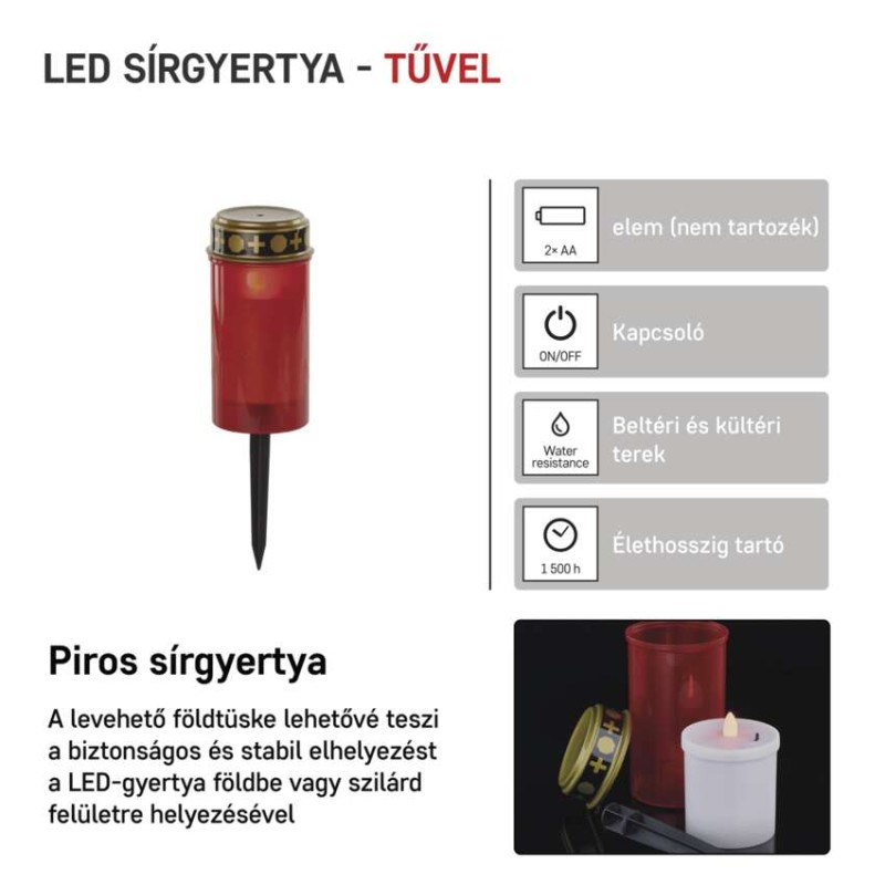 LED temetői mécses leszúrható, 25 cm, 2x AA, kültéri és beltéri, vintage