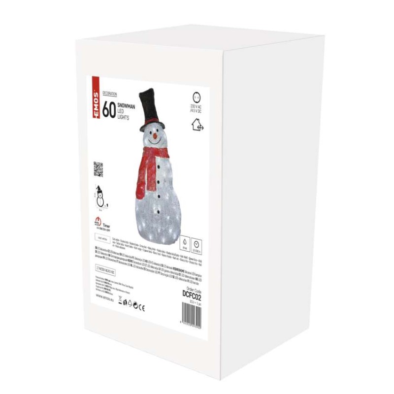 LED karácsonyi hóember, 61 cm, kültéri és beltéri, hideg fehér, időzítő