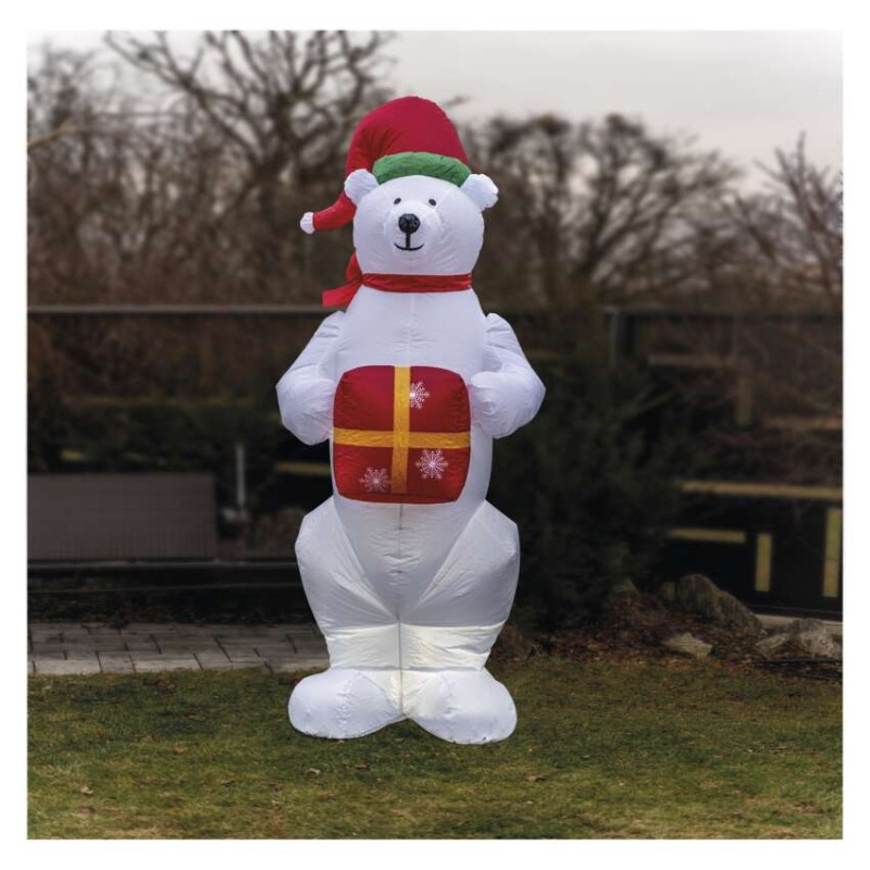 LED ľadový medveď s vianočným darčekom, nafukovací, 240 cm, vonk./vnút., studená biela