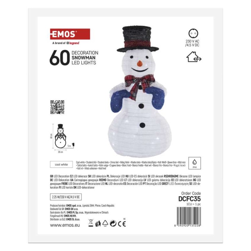 LED skládací sněhulák, 60 cm, venkovní i vnitřní, studená bílá