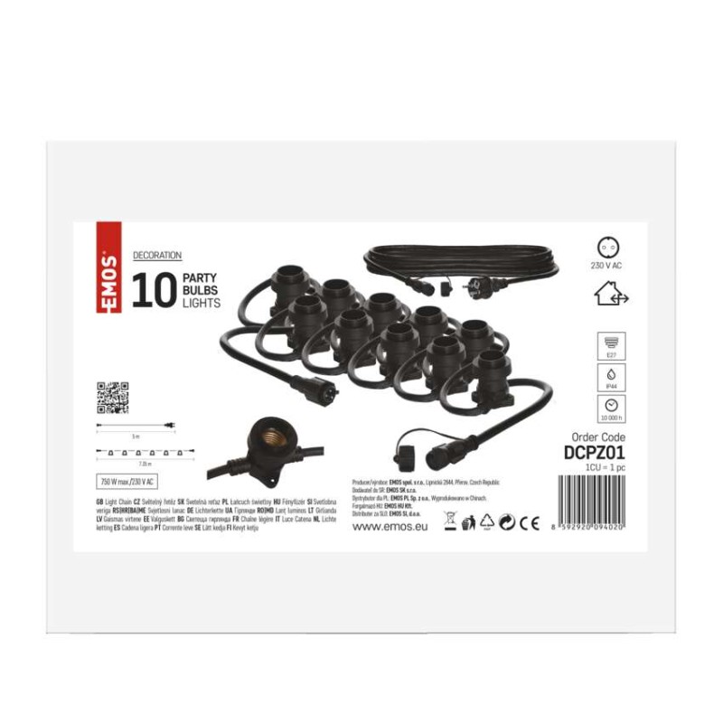 Łańcuch party na żarówkę 10x E27 7,35 m + wtyczka 5m, IP44