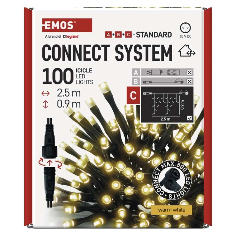 Standarta LED savienojošā virtene – lāstekas, 2,5 m, lietošanai ārā, silti balta