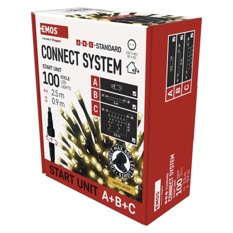 Oświetlenie łączone - zestaw zasilacz - sople 100LED 2,5m ciepła biel, timer