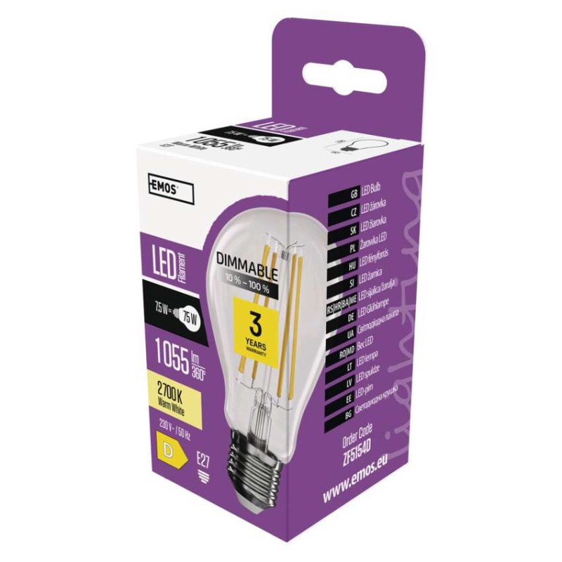 LED pirn Filament A60 / E27 / 7,5 W (75 W) / 1 055 lm / soe valge / hämardatav