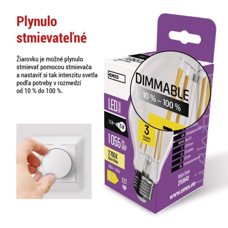 LED žiarovka Filament A60 / E27 / 7,5 W (75 W) / 1 055 lm / teplá biela / stmievateľná