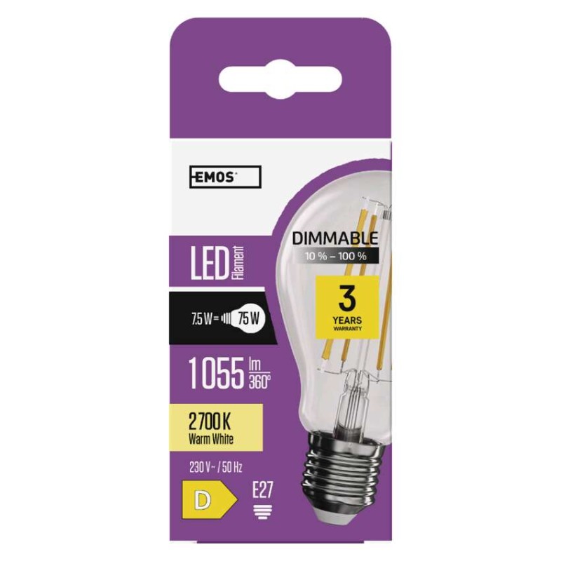 LED pirn Filament A60 / E27 / 7,5 W (75 W) / 1 055 lm / soe valge / hämardatav