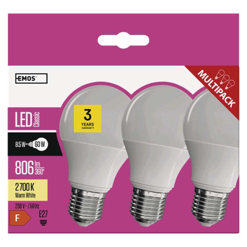 LED žárovka Classic A60 / E27 / 8,5 W (60 W) / 806 lm / teplá bílá
