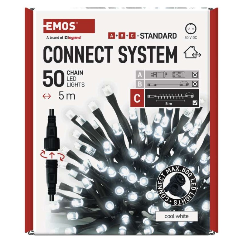 Standard LED spojovacia vianoč. reťaz, 5 m, vonkajšia aj vnútorná, studená biela