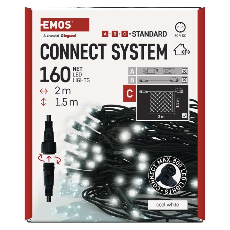 Standard LED spojovacia vianočná reťaz – sieť, 1,5x2 m, vonkajšia, studená biela