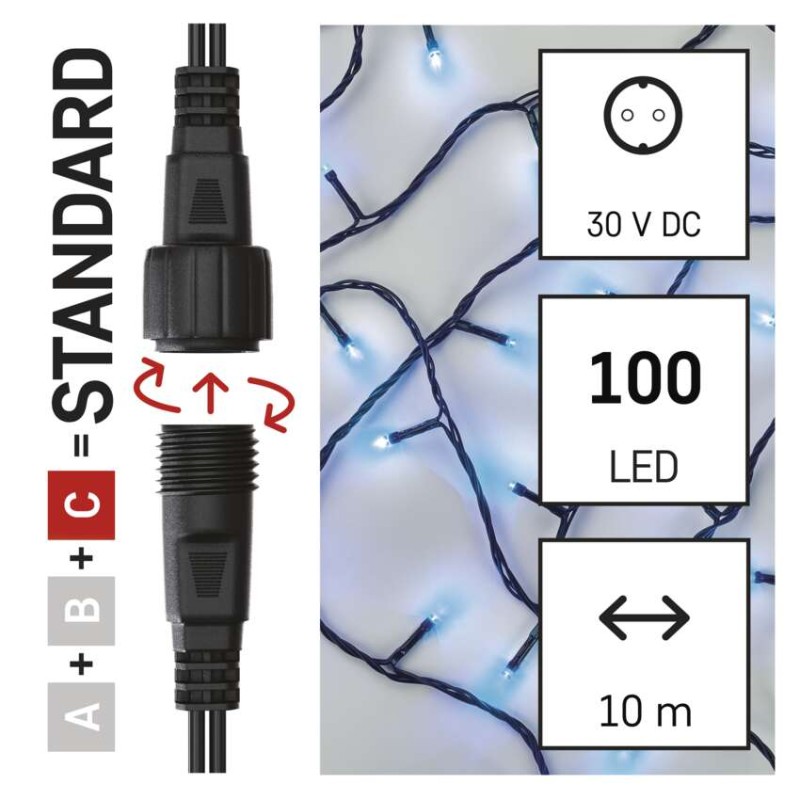 Standard LED spojovací vánoční řetěz, 10 m, venkovní i vnitřní, modrá