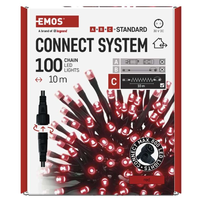Standarta LED savienojošā virtene, 10 m, lietošanai ārā un iekštelpās, sarkana