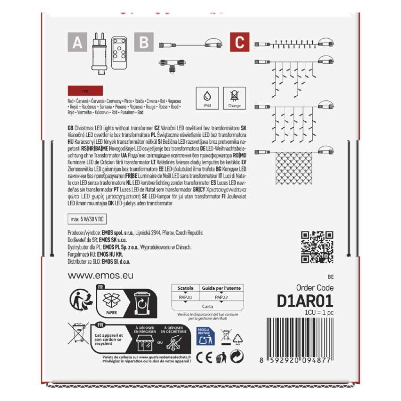 Standarta LED savienojošā virtene, 10 m, lietošanai ārā un iekštelpās, sarkana