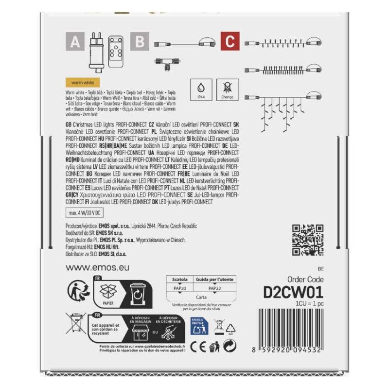 Profi LED sorolható füzér, fekete – jégcsapok, 3 m, kültéri, meleg fehér