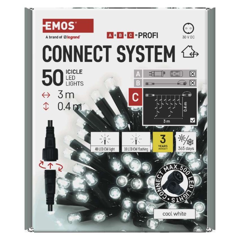 Profi LED savienojošā virtene, melna, mirgojoša – lāstekas, 3 m, liet. ārā, auksti balta