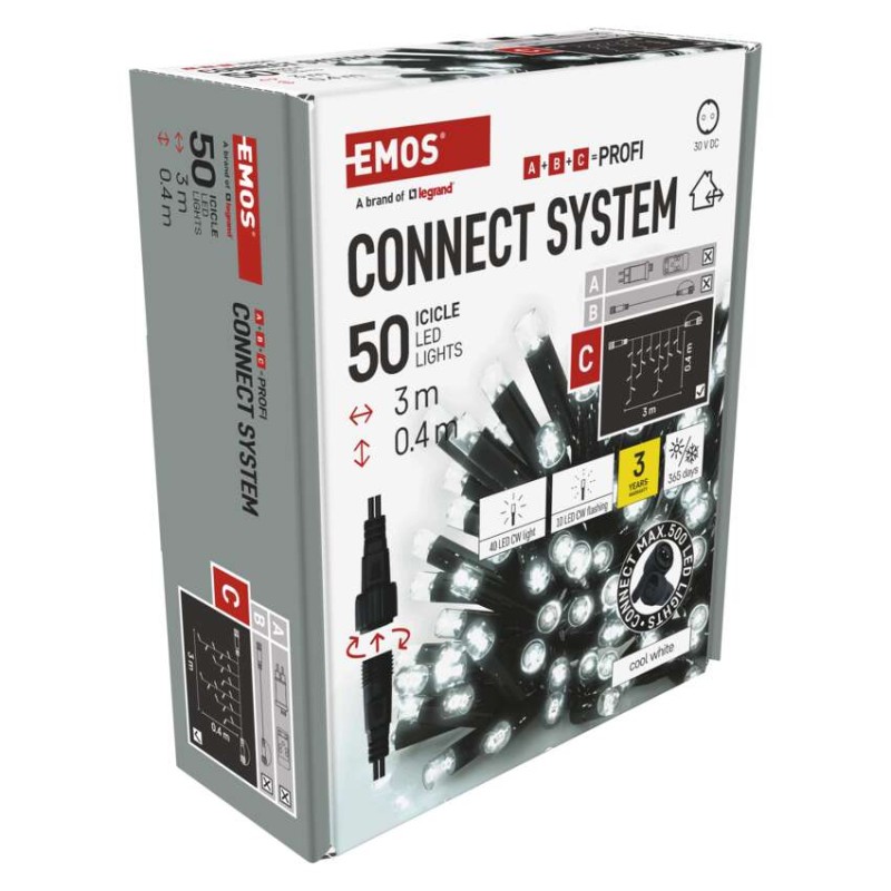 Profi LED savienojošā virtene, melna, mirgojoša – lāstekas, 3 m, liet. ārā, auksti balta