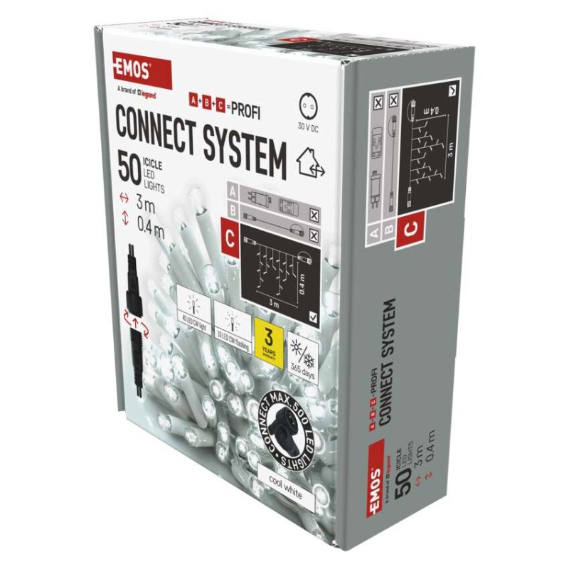 Oświetlenie łączone Profi- sople 50 LED 3m zimna biel, biały błyszcz. przewód IP44