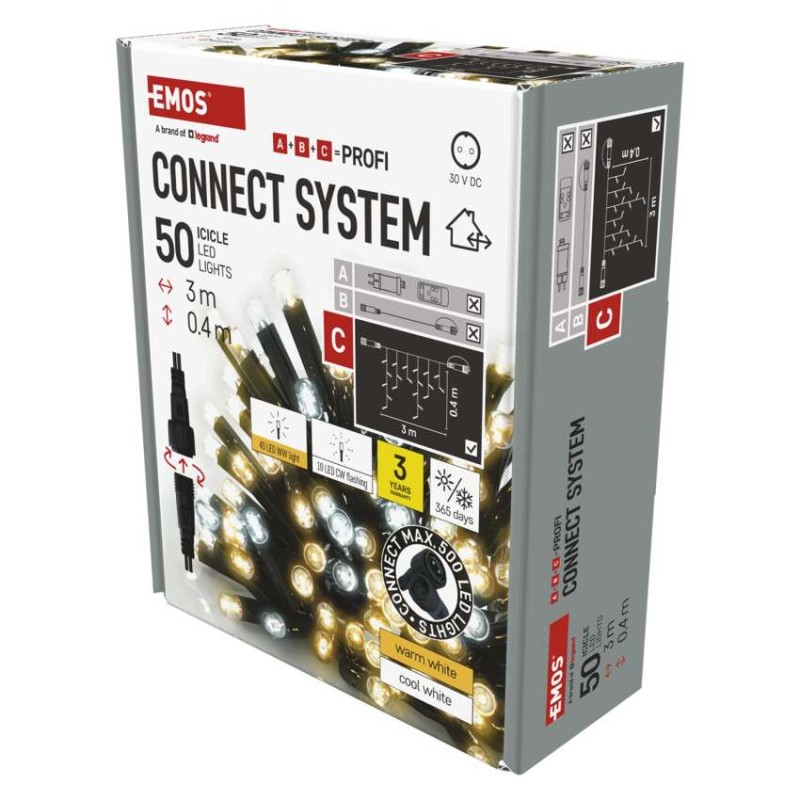 Oświetlenie łączone Profi- sople 50LED 3m, ciepła biel+zimna biel miga, czarny, IP44 