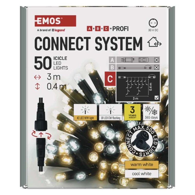 Oświetlenie łączone Profi- sople 50LED 3m, ciepła biel+zimna biel miga, czarny, IP44 