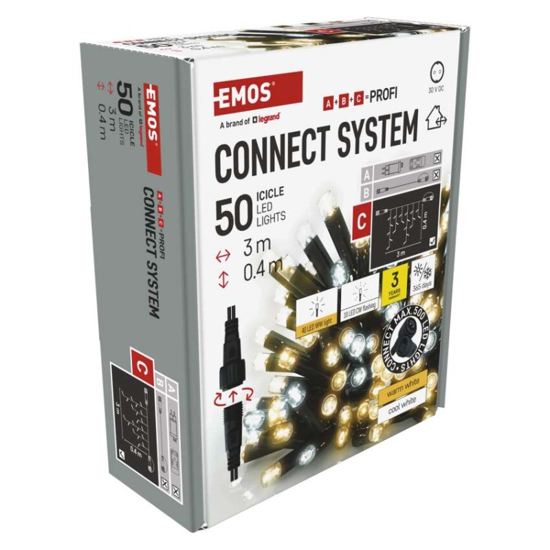 Oświetlenie łączone Profi- sople 50LED 3m, ciepła biel+zimna biel miga, czarny, IP44 