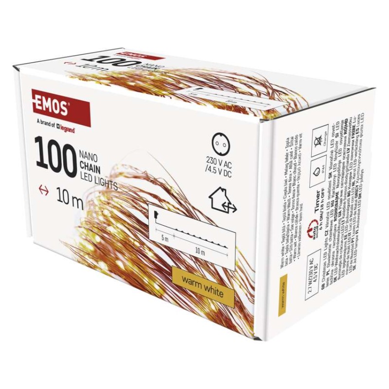 LED vánoční nano řetěz měděný, 10 m, venkovní i vnitřní, teplá bílá, časovač