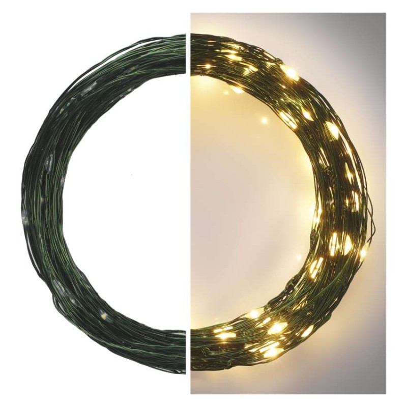 LED karácsonyi nano fényfüzér, zöld, 15 m, kültéri és beltéri, meleg fehér, időzítő