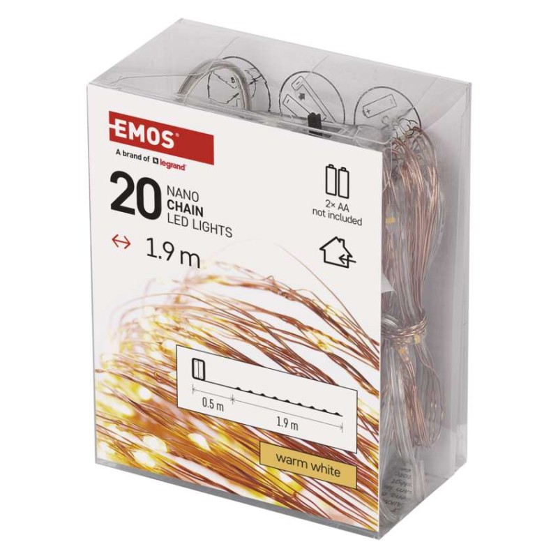 LED vánoční nano řetěz, 1,9 m, 2x AA, vnitřní, teplá bílá, časovač